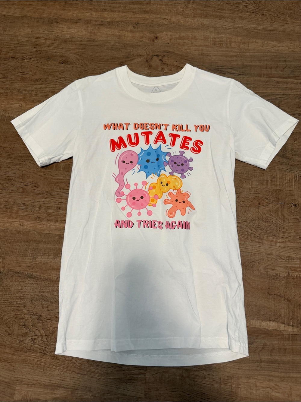 White Graphic T-Shirt with Colorful Biology Science Character Print